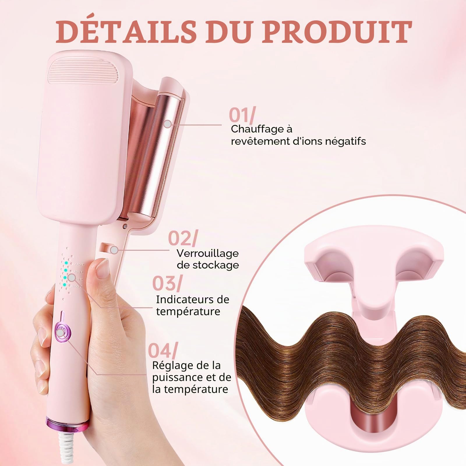 Fer à Boucler 32mm Beach Waves, Boucleur Cheveux 4 Températures Réglables, Revêtement Céramique, Chauffage Rapide