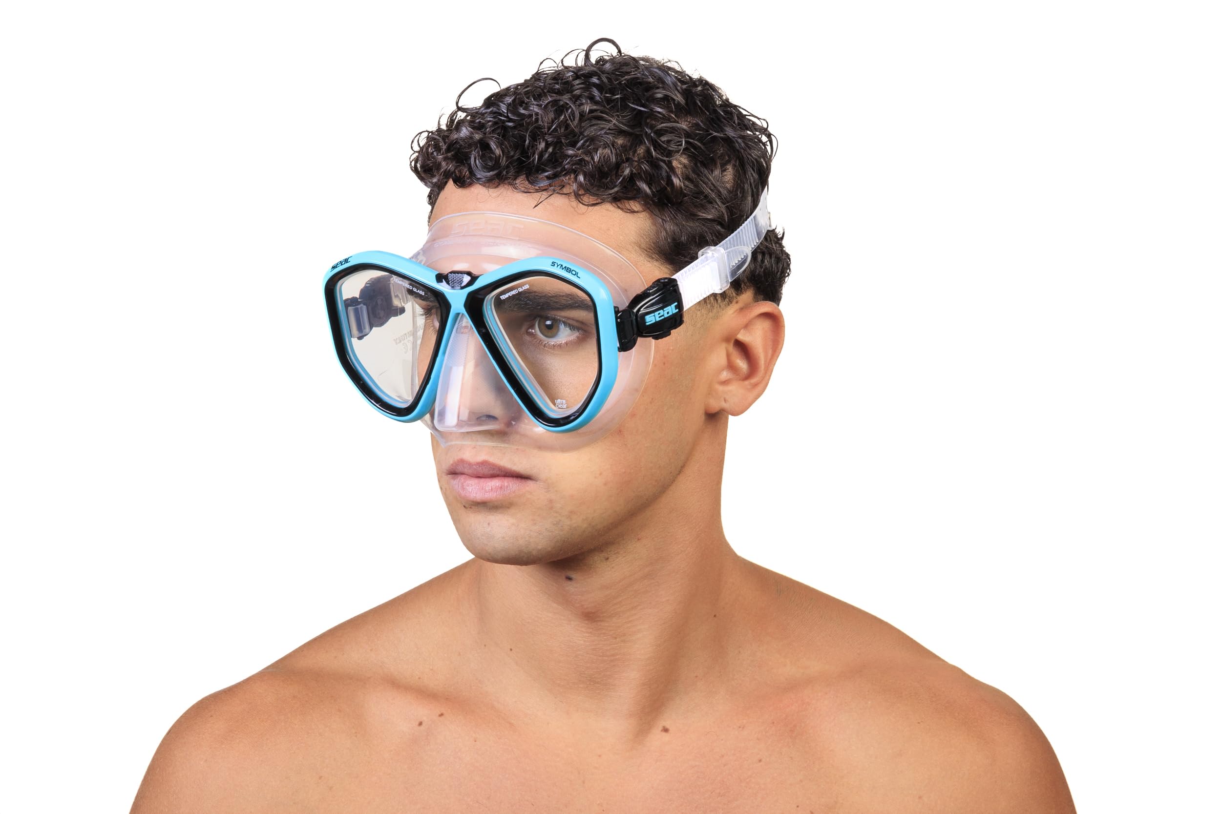 Seac Symbol, Masque de plongée Made in Italy à lentilles symétriques avec Boucle 3D Directement sur Le Visage, Transparent/Bleu Clair, Standard