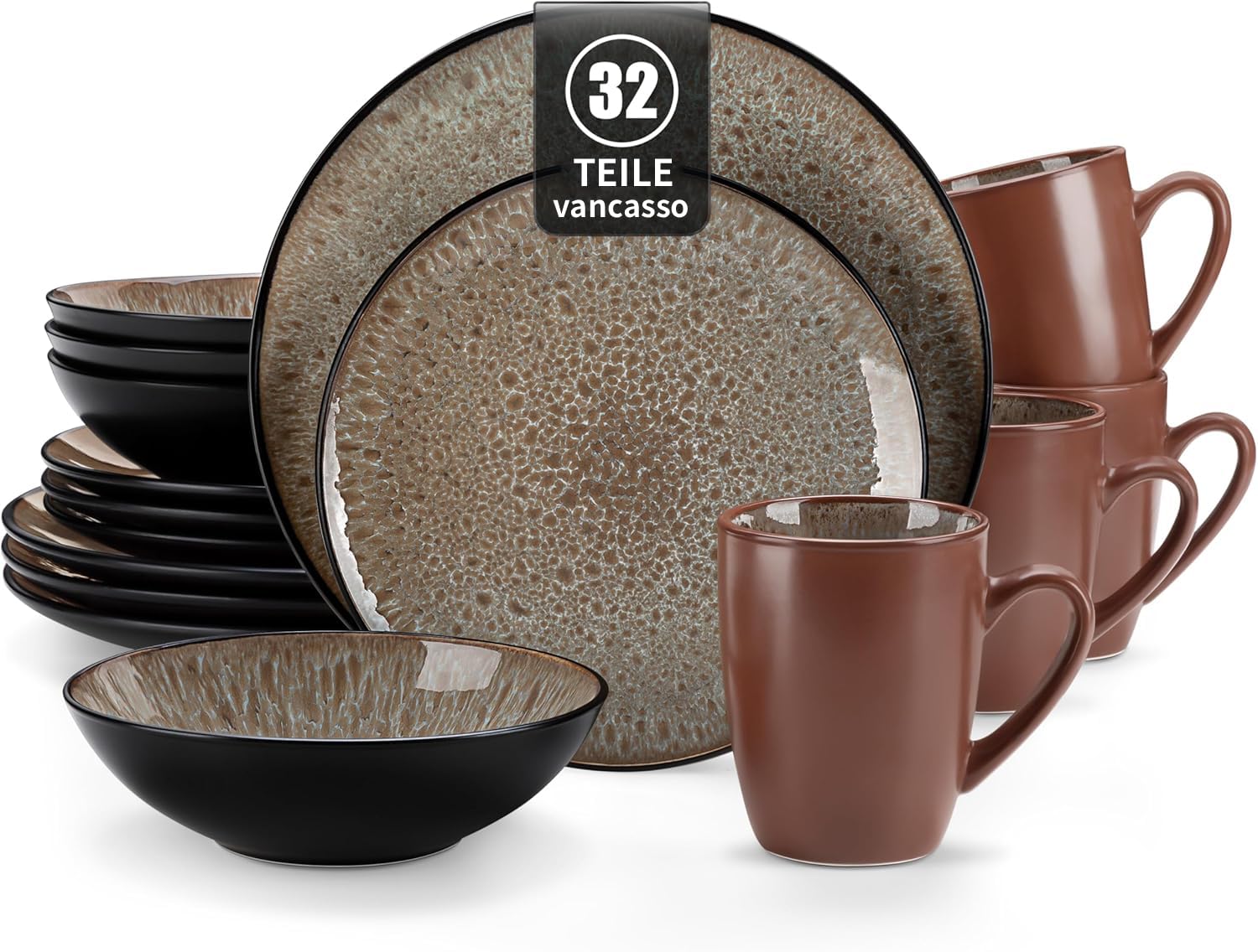 Tafelservice Steinzeug, vancasso 32-tlg. BUBBLE Kombiservice aus Steingut, inkl. Schalen, Tassen, Desserttellern & Speisetellern für 4/8/12 Personen