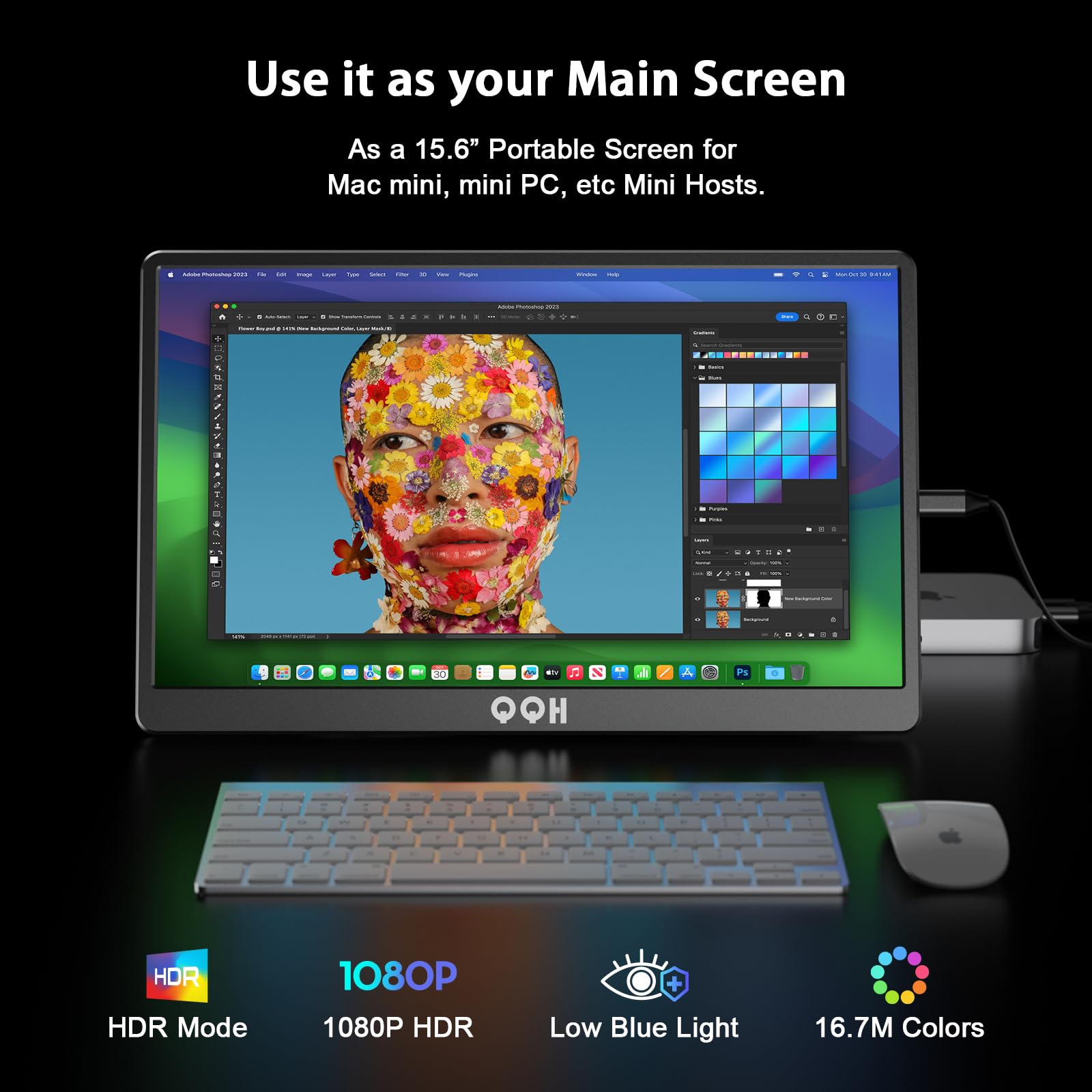 QQH Portable Monitor, 15.6" FHD 1080P IPS Travel Monitor Kickstand for Laptop with HDR, Ultra Slim, Eye Care, Plug&Play USB C HDMI External Second Screen for PC Phone MAC PS5 Xbox Switch