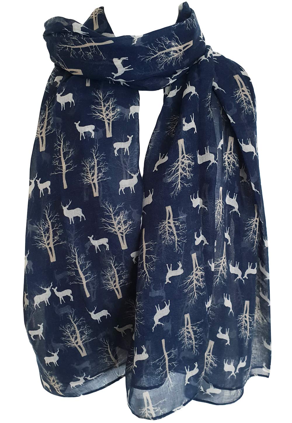 Glamlondon Women's Navy Blue Deer Scarf Winter Deers Fir Tree Reindeer Printed Christmas Scarves Gift (Navy Blue)(Size:l)
