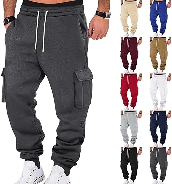 Baggy Cargo Sweatpants for Men Drawstring Waist Fleece Lined Joggers with Pockets Soft Athletic Workout Track Pants