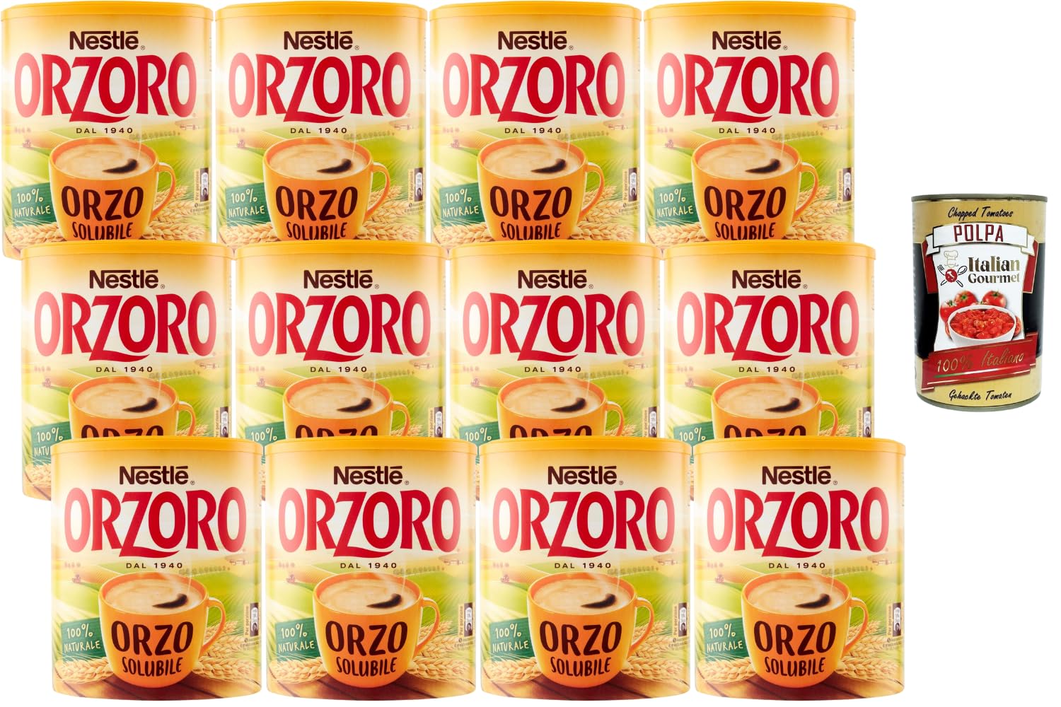 Italian Gourmet Orzoro Orge Soluble – Lot 12 x 120 g Boisson instantanée d’orge, alternative au café sans caféine, goût malté doux, se dissout rapidement, petit-déjeuner + Italian Gourmet polpa