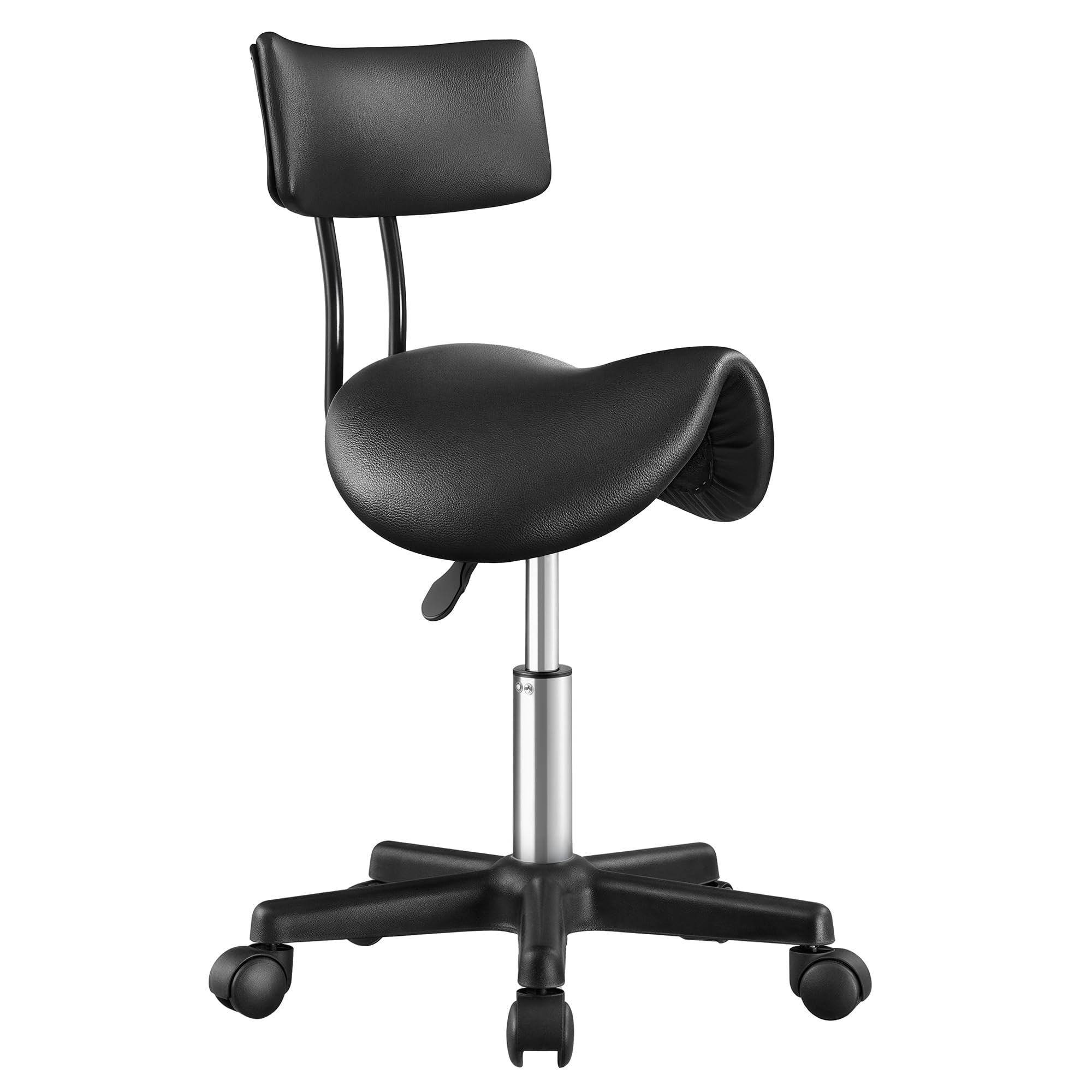 SONGMICS Sattelhocker ergonomisch, Rollhocker höhenverstellbar 360° drehbar, PU, mit Rückenlehne, tintenschwarz