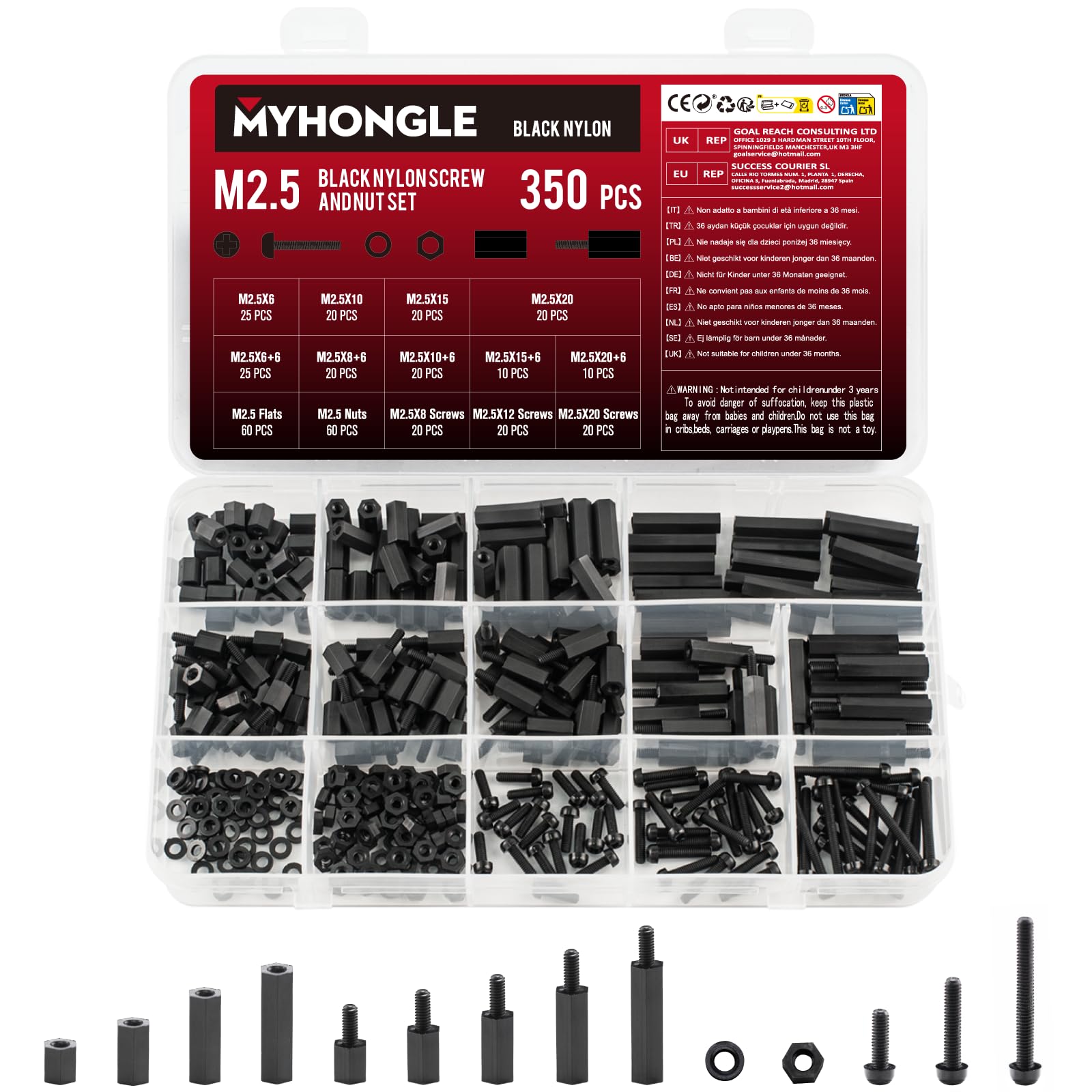350 Pcs M2.5 Screws Set, Standoff Screws Nylon Spacers, Motherboard Standoffs, Male Female Nylon Hex Bolts, Threaded Pillars PCB Pillar Standoff Spacers for PCB Board Motherboard(Black)