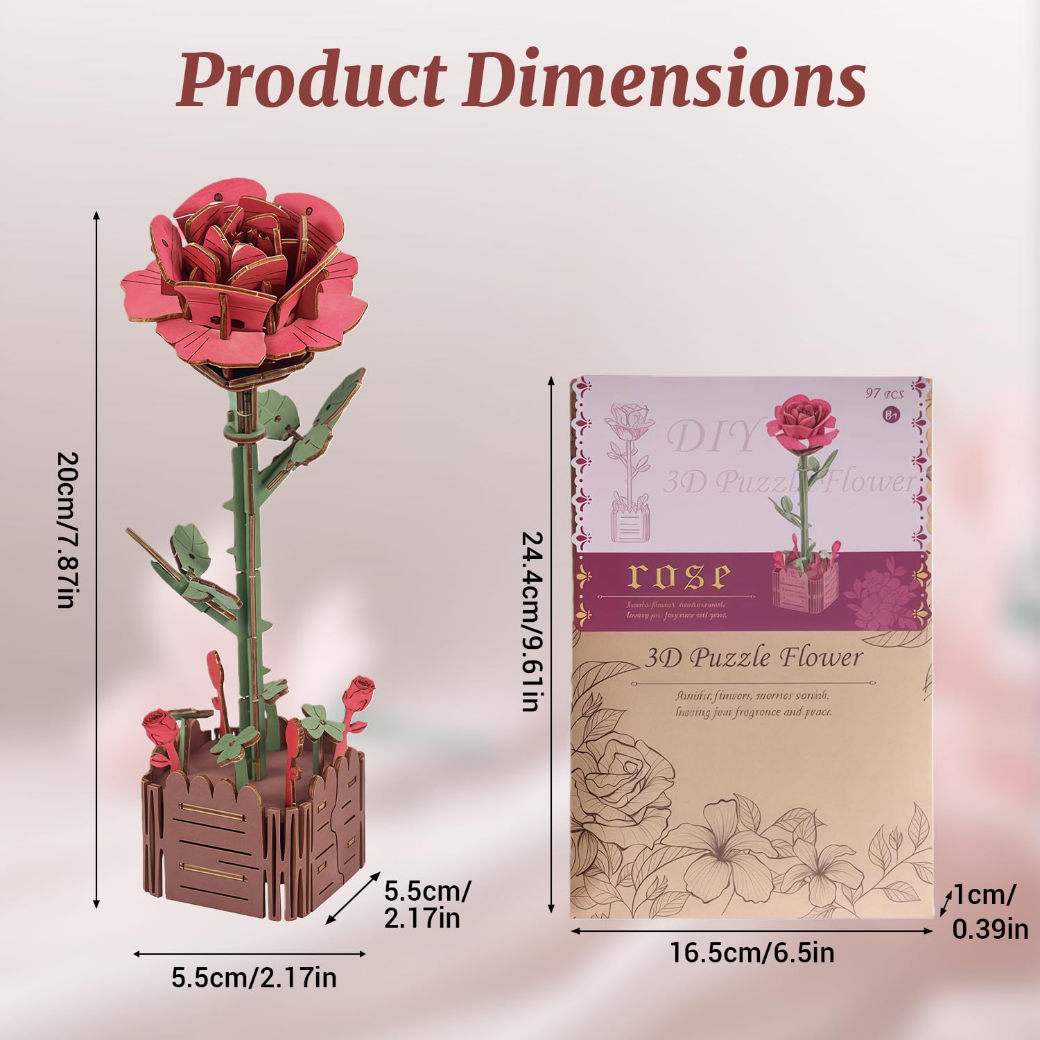 Wooden Bloom 3D Puzzle for Adults DIY Flowers Bouquet Assembly Model Kit with No Tools, Home Decor Gift for Women (Rose) - Image 2