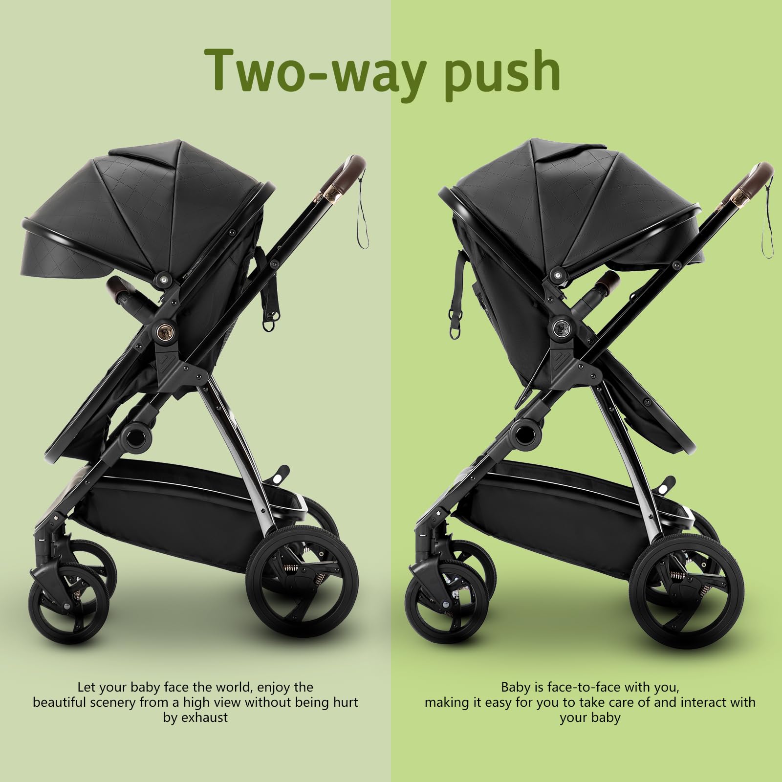 Passeggino 3 in 1 con Seggiolino Auto e Carrozzina, Grandi Ruote Assorbenti Urti per Bambini 0-36 Mesi Nero