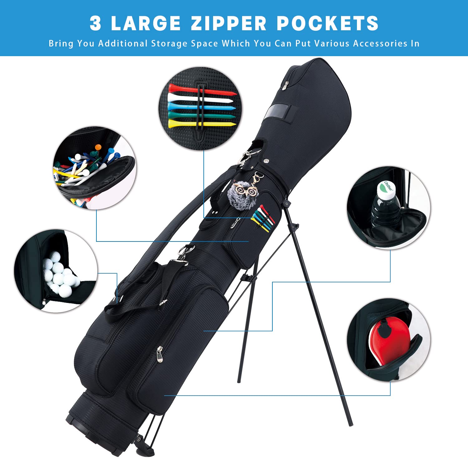 Sunday Golf Bag, Golf Stand Bag with Shoulder, Small Golf Club Bag, Women Golf Bag with Cooler (Black)