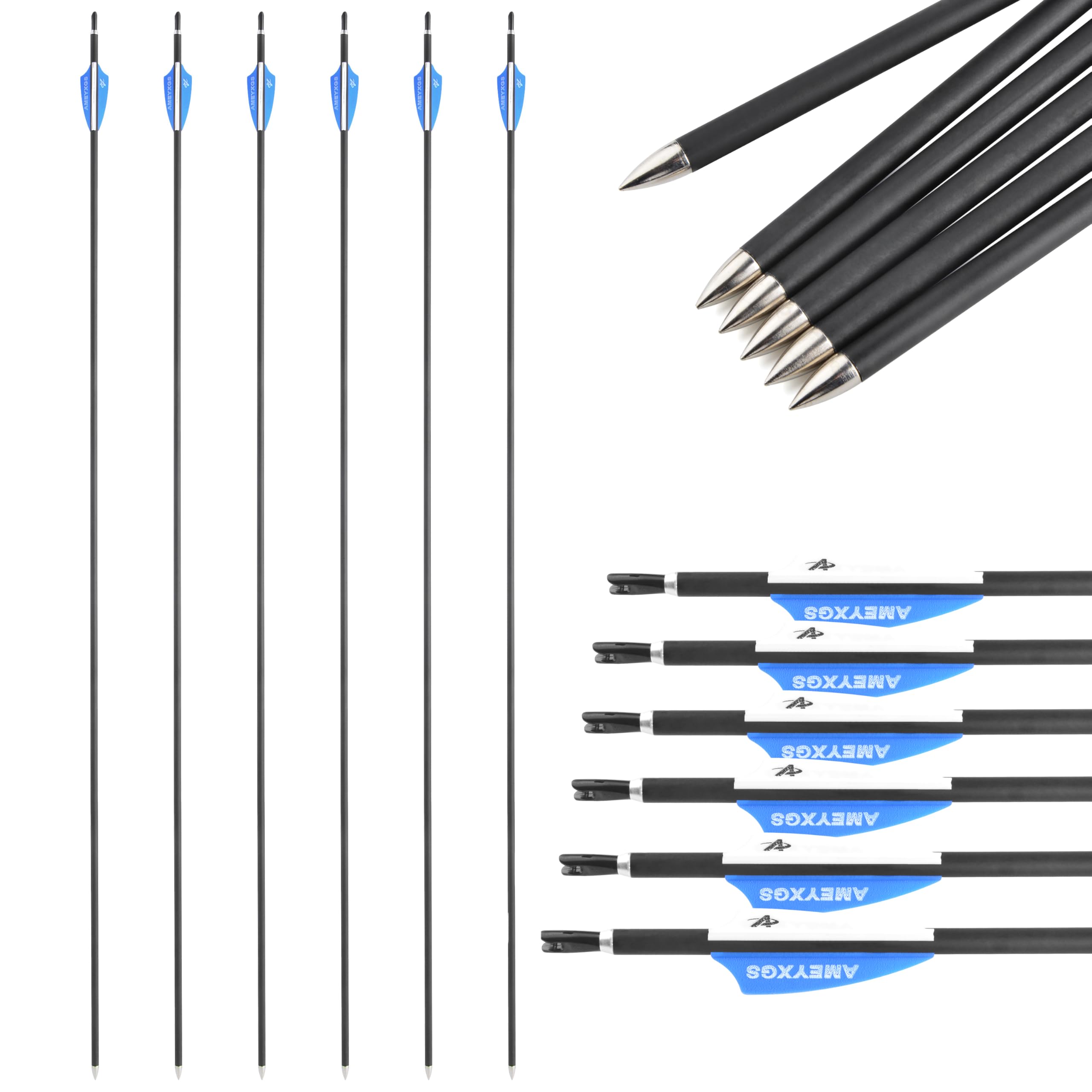 Flecha de Tiro con Arco de Carbono Flecha de Tiro de 30-32 Pulgadas Flechas de práctica de Tiro al Blanco de 1000 Spine para Arco Compuesto/Arco Curvo 6/12pcs