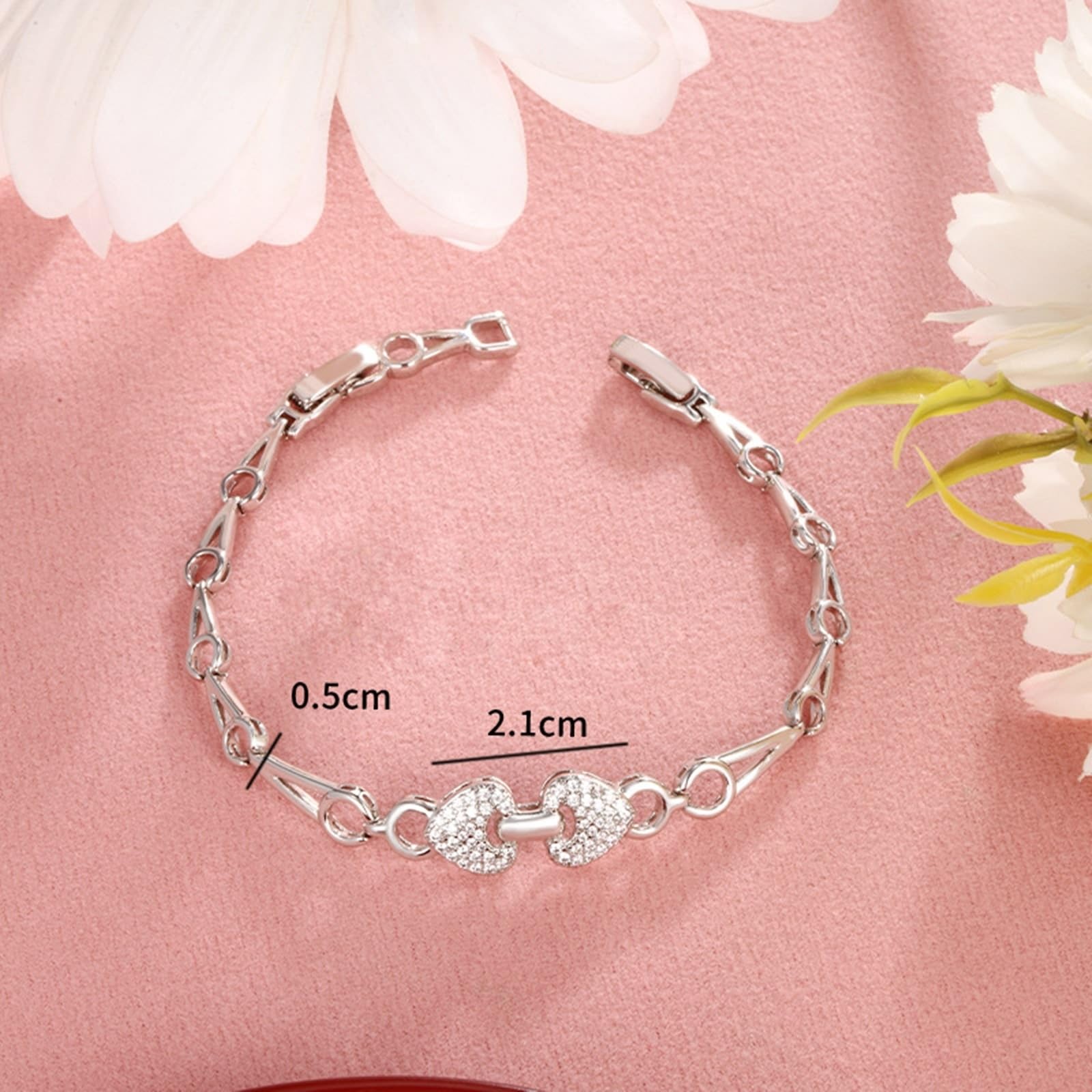 PT950 - Bracciale in vero oro 18 carati, con moissanite, doppio cuore, platino, Oro bianco 9 carati (375), Moissanite