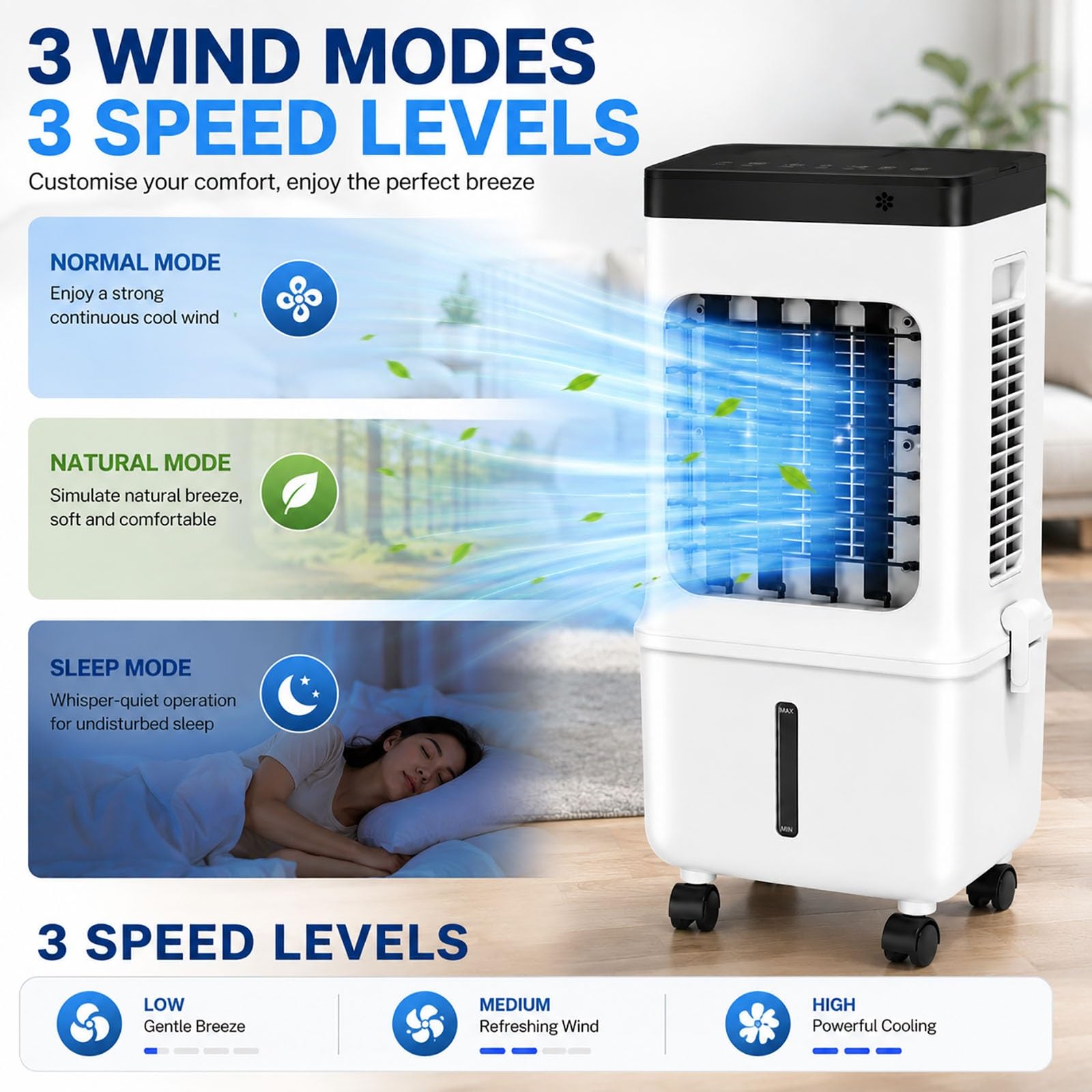 Rinfrescatore d'Aria Portatile per Casa, Raffrescatore Evaporativo 4-in-1 con Serbatoio dell'Acqua da 4L & 4 Setti Ghiaccio,Telecomando per Camera da Letto Ufficio