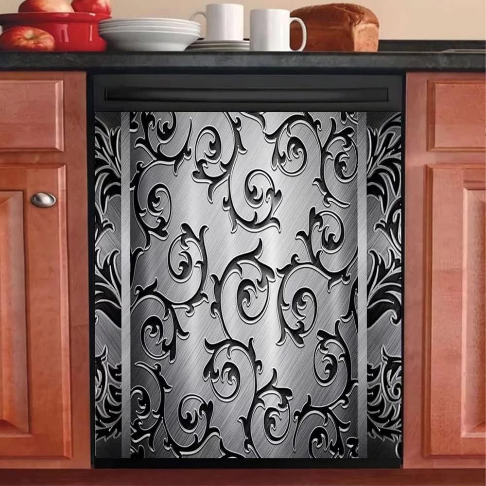 Kitchen Decor Dishwasher Magnet Steel Engraved Floral Fridge Door Cover,Steel Pattern Sticker Black Flower Dish Washer Magnetic Refrigerator Decals Home Appliance Sticker,Metal Pattern Panel M