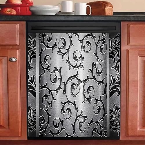 Miniatura 2 de Decoración de cocina, imán de lavavajillas, cubierta de puerta de nevera floral grabada en acero, etiqueta engomada de patrón de acero negro para