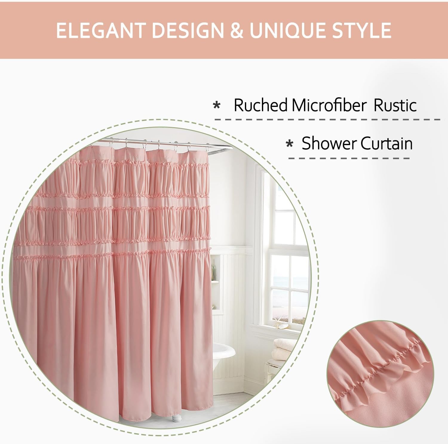 Homechoice Decor Ruched Ruffled Shower Curtain 72" W x 72" H, Peach Pink Microfiber Rustic Decorative Bath Curtain for Bathroom, Farmhouse and Boho Bathroom Décor, Machine Washable (LQ-38)