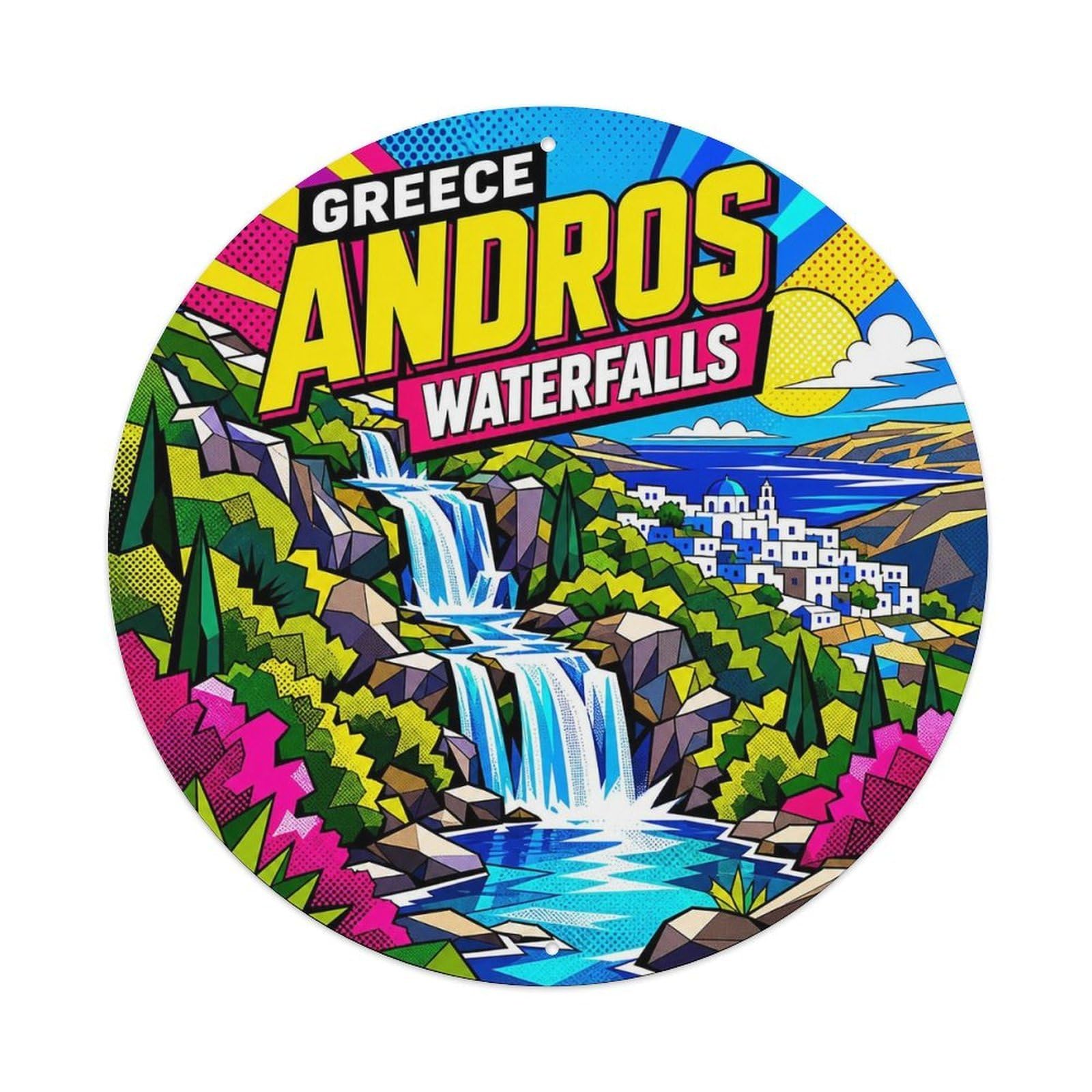 Andros Waterfalls Greek Graphic Pop Outdoor Journey Metal Tin Sign