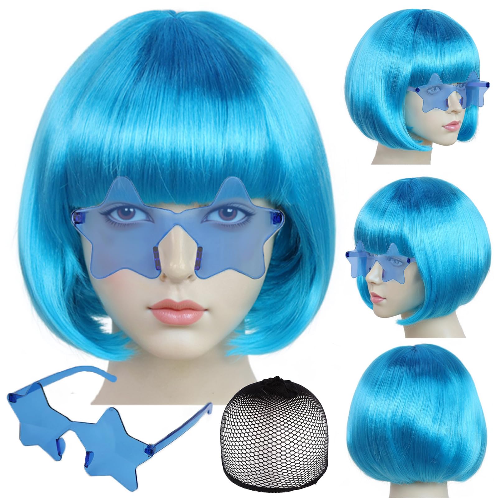 BEKIDER Light Blue Bob Wig (1 Pair of Glasses+ 1 Hair Cap) Colored Wigs Party Outfit Colorful Bob Wig with Bangs Funny Wigs Mardi Gras Costume Blue Synthetic Hair for Halloween