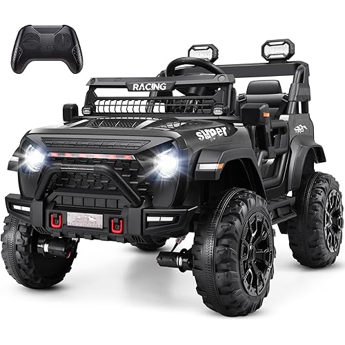 Hikole 24V Ride on Car with Remote Control, 2 Seater Electric Car for Kids w/20 Inch Wide Seat, 4x100W Motor, LED Headlight & Music Player, Power Car Wheels Ride on Toys for Boys Girls, Black