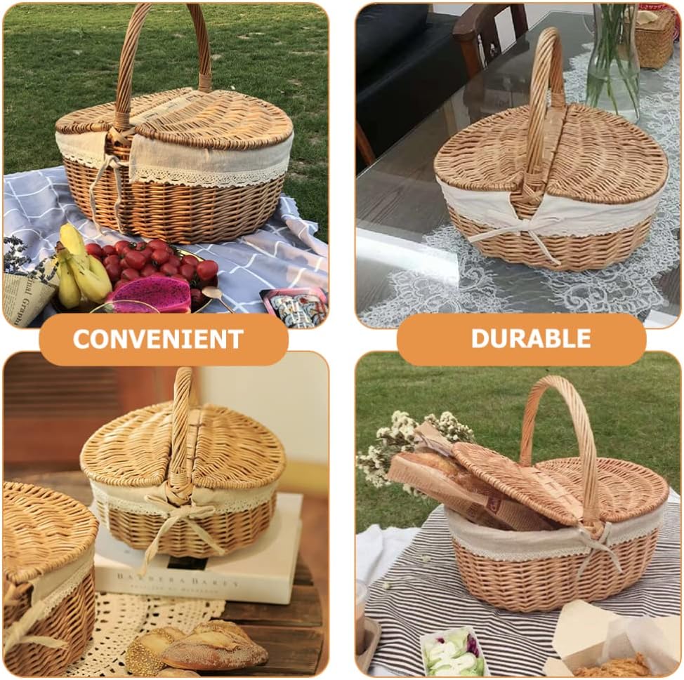 Wicker Picnic Basket with Liner Empty Picnic Baskets with Lid Vintage-Style Woven Hamper for Outdoor Camping