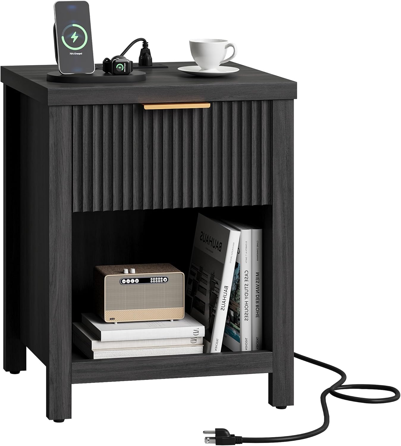 Fluted Nightstands with Charging Station, Brooklyn Night Stand with Drawer, Modern Beside Table with Open Shelf, Large End Table, Wood Side Table for Bedroom (1, Grey with Charging Station) BNS101BGE