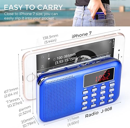Vista 24 de PRUNUS Mini radio portátil AM FM Radio de bolsillo con MP3, linterna LED, radios digitales soporte de altavoz micro tarjeta SD/TF/USB, ahorro