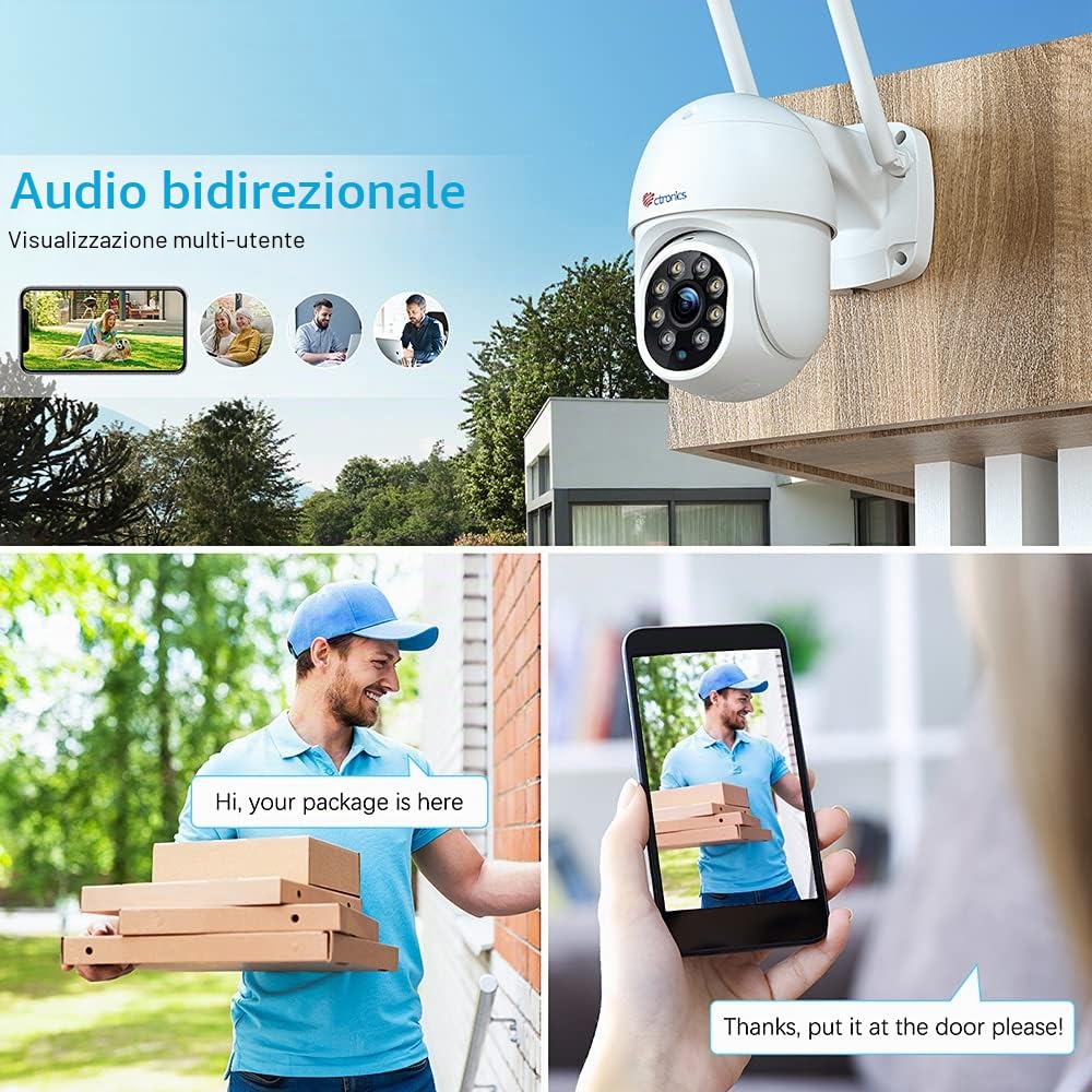 Ctronics 2K 4MP Telecamera di sorveglianza esterna WiFi PTZ 2560 x 1440 | WiFi IP Telecamera per esterni con rilevamento automatico, rilevamento persone, visione notturna colorata, rotazione a 355°