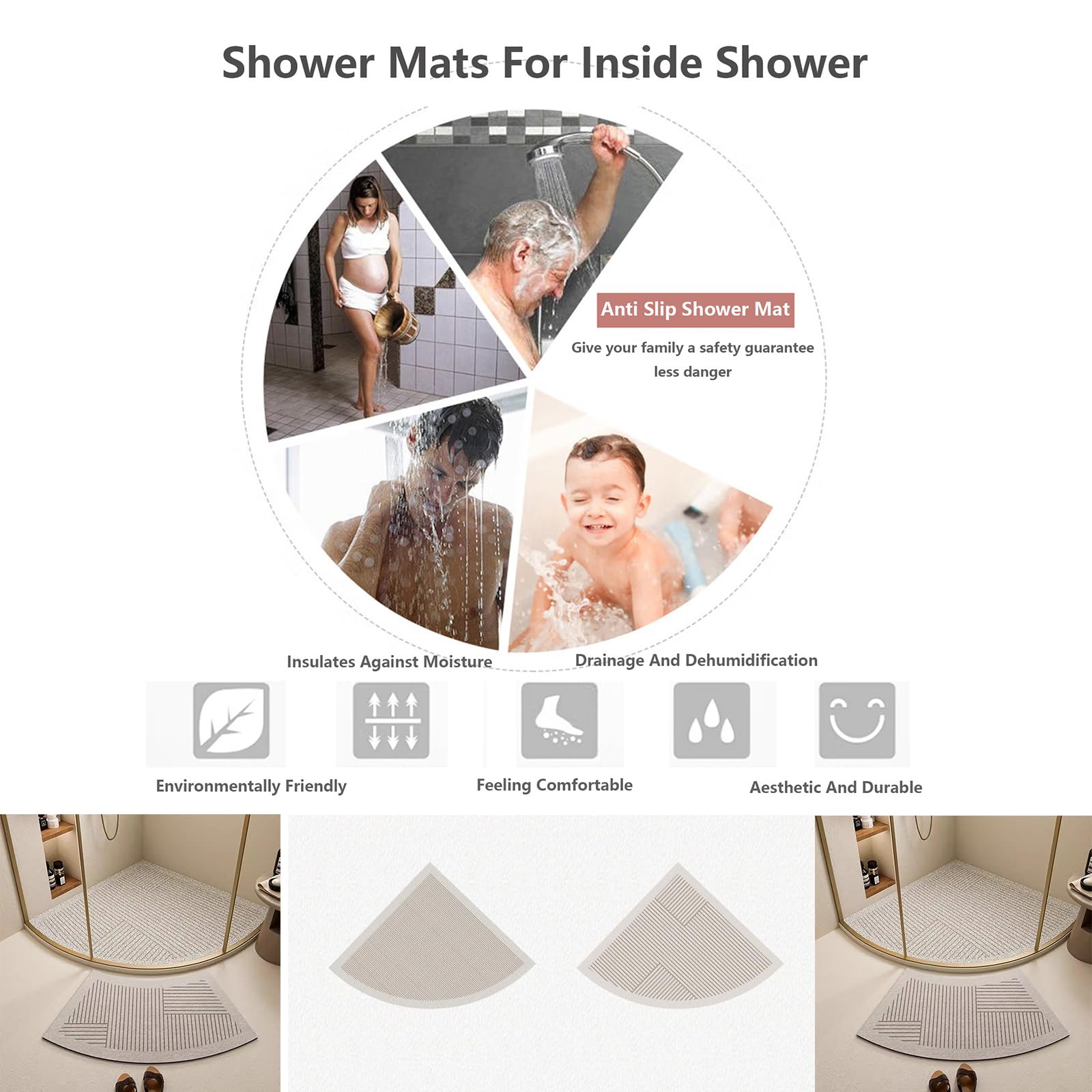 Tappetino Doccia Antiscivolo Angolare in PVC Testurizzato, Tappeto con Fori di Drenaggio per Doccia O Vasca, C, 70x70cm (28x28inch)