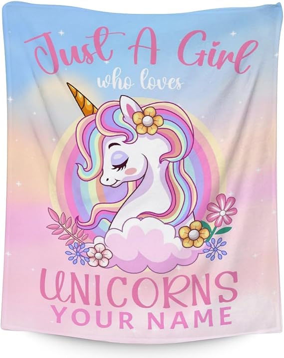 Personalized Unicorn Blanket Gifts with Name - 60x80 Inches Cute Throw for Girls - Pink Soft Fuzzy Blankets for Bed, Couch & Living Room