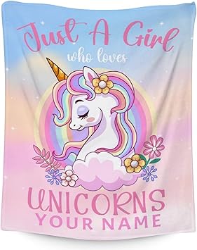 Personalized Unicorn Blanket Gifts with Name - 60x80 Inches Cute Throw for Girls - Pink Soft Fuzzy Blankets for Bed, Couch & Living Room