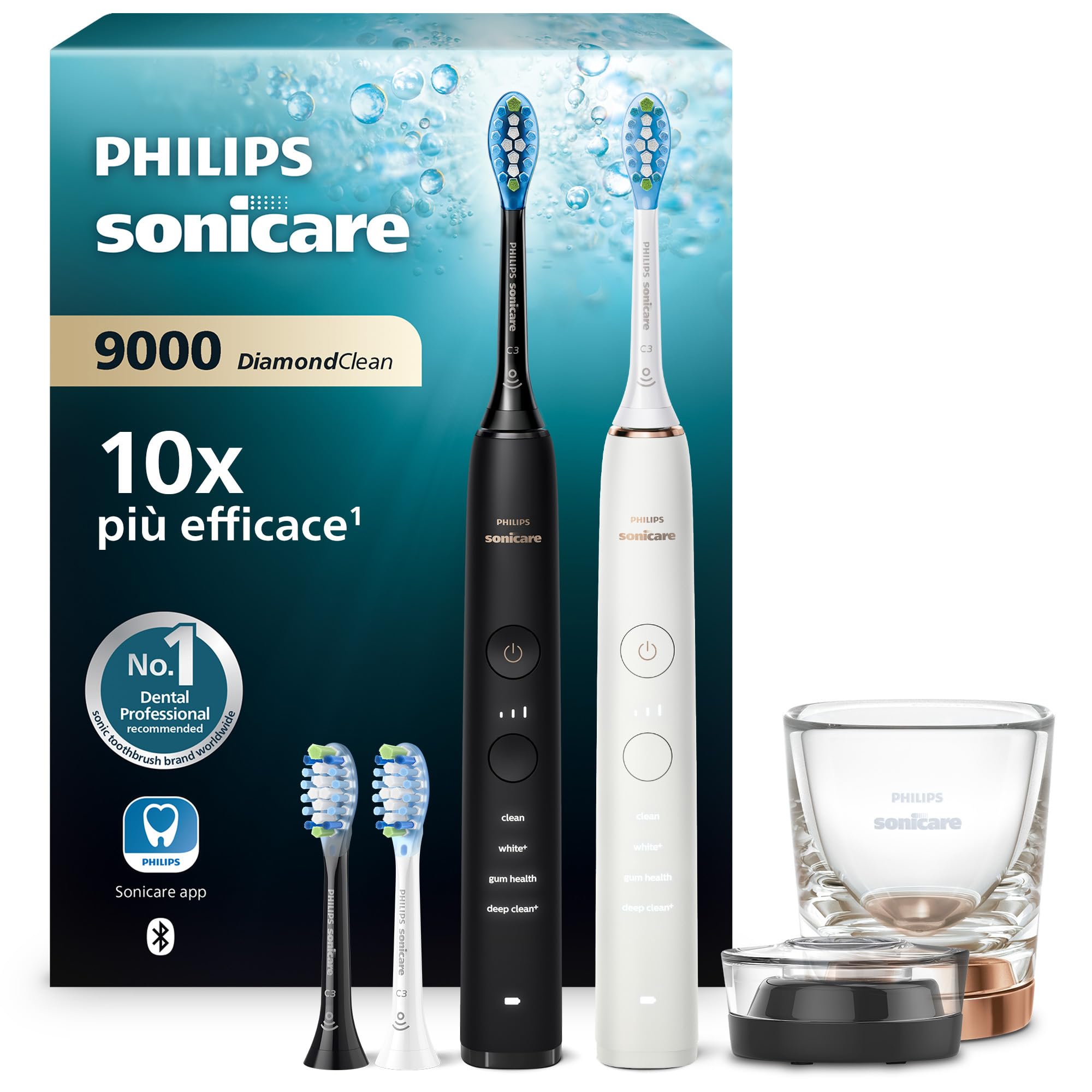 Philips Sonicare DiamondClean 9000 spazzolino elettrico, confezione doppia, spazzolino sonico con app, sensore di pressione, 4 modalità di pulizia, bicchiere di ricarica, nero e oro rosa, HX9914/61