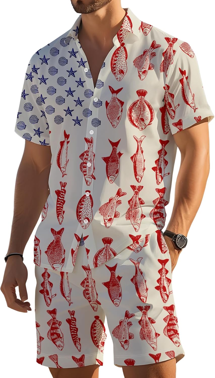 Men's Hawaiian Print 2-Piece Beach Outfit Shirt & Matching Shorts Set