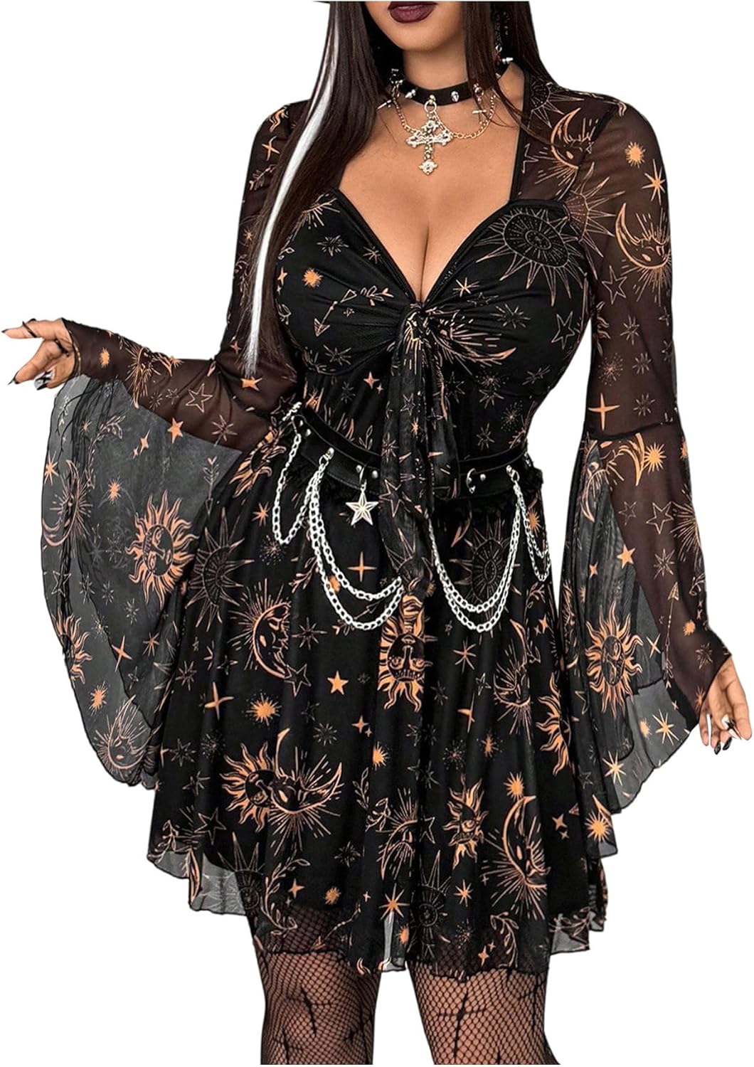 BEAUDRM Women's Plus Size Graphic Short Dress Grunge Punk Mesh Bell Sleeve Sweetheart Neck A Line Dresses Halloween Outfits