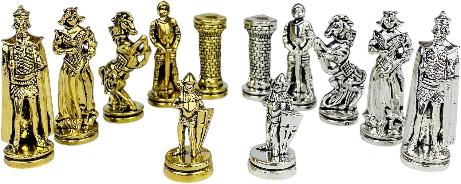 32 Metal Chess Pieces Only- Middle Age British Empire Themed Cast Metal Chess Pieces- 2.6 inch Realistic English History Chessmen with Felt Bottom for Medium and Large Chessboards (Gold-Silver)