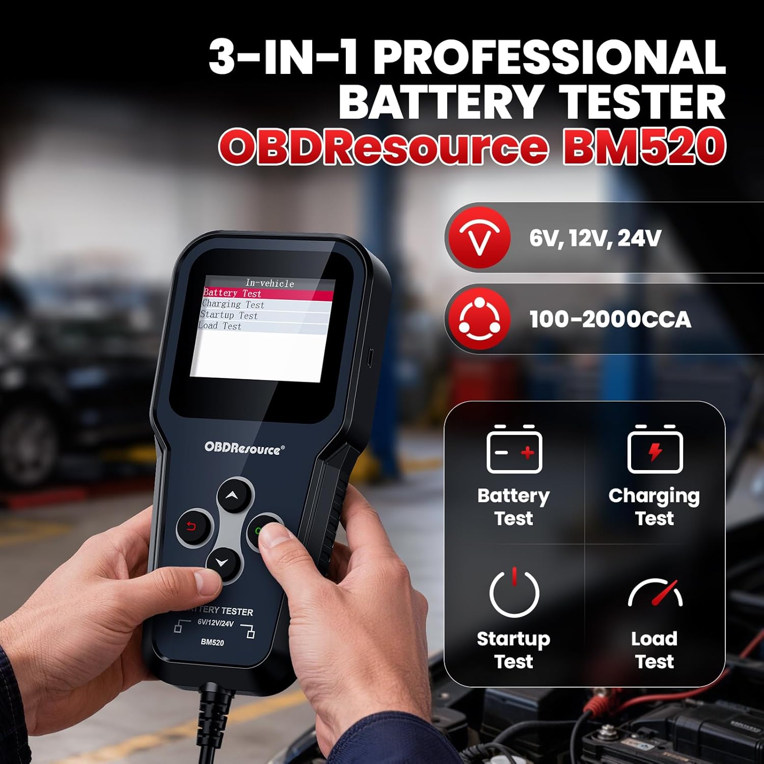 OBDResource Professional Car Battery Tester 6V 12V 24V - 3-in-1 Automotive Analyzer with 100-2000 CCA, Load/Cranking/Charging/Alternator Test