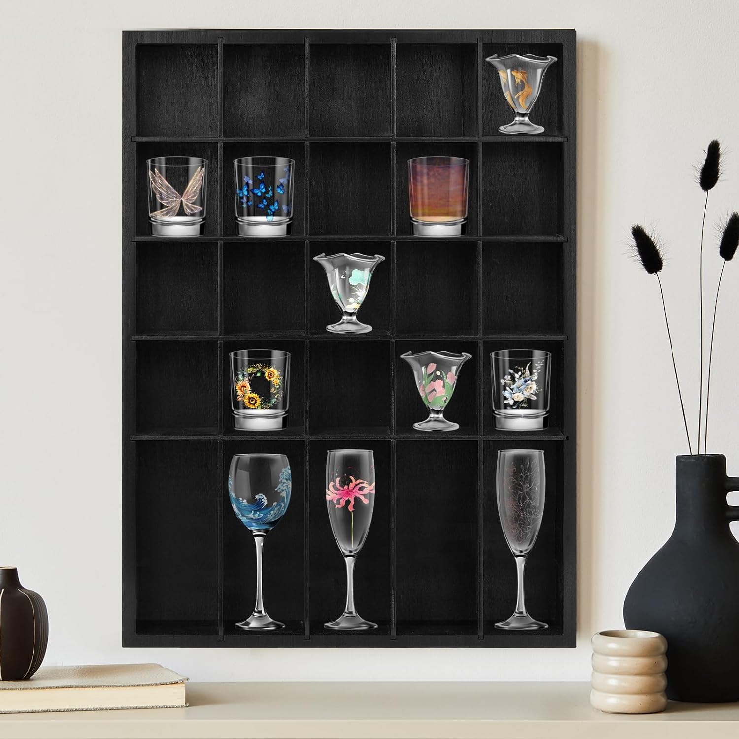 2 Pcs Shot Glass Display Case, Black Wooden Shot Glass Shelf with Removable Shelves, Wall Mounted Shadow Box Thimble Display Case, 30 Slots
