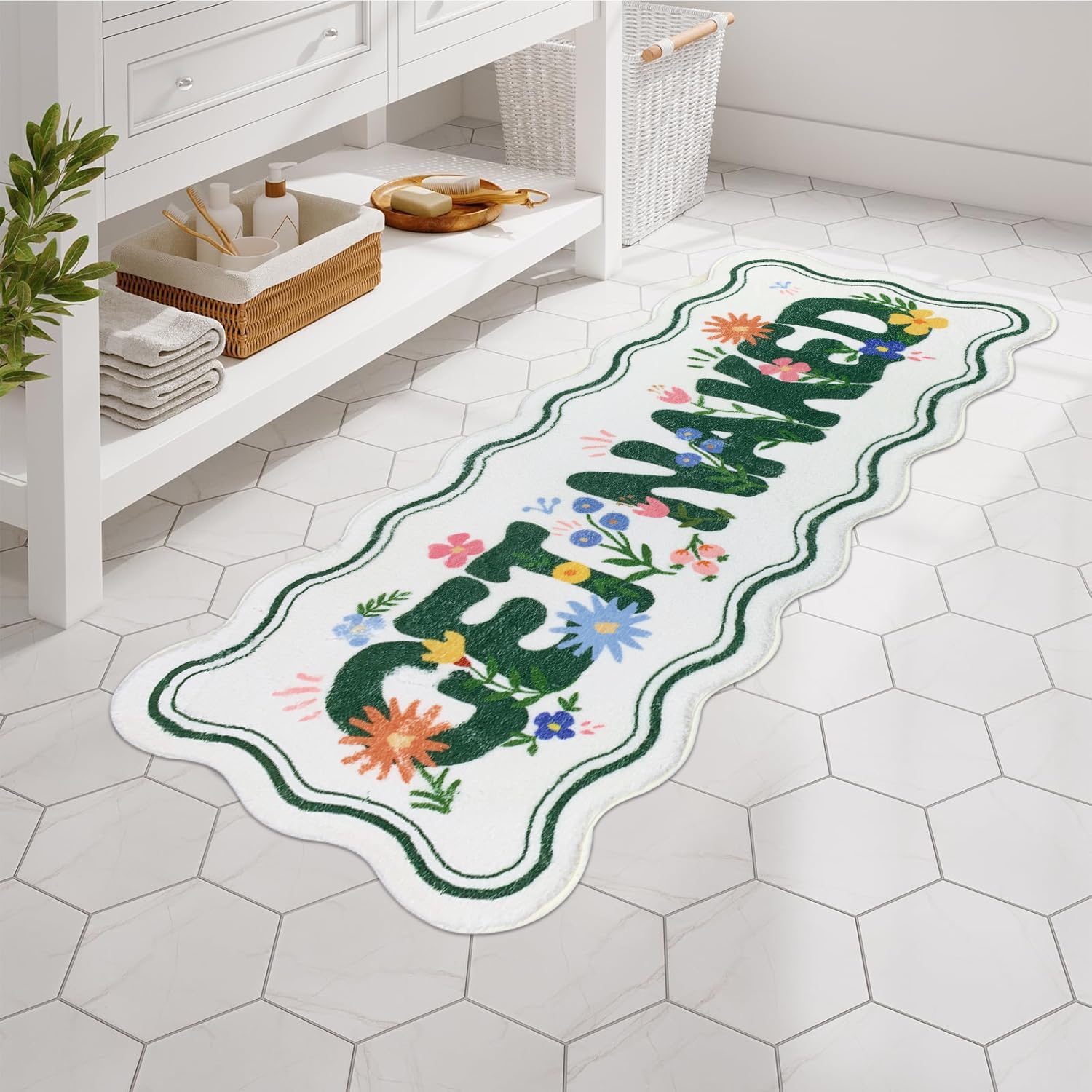 SHIYUE Cute Get Naked Flower Bath Mat，Ultra Soft and Fluffy Microfiber Water Absorption Non Slip Mat for Bedroom Kitchen Bathroom Rug(18"×47" Green)