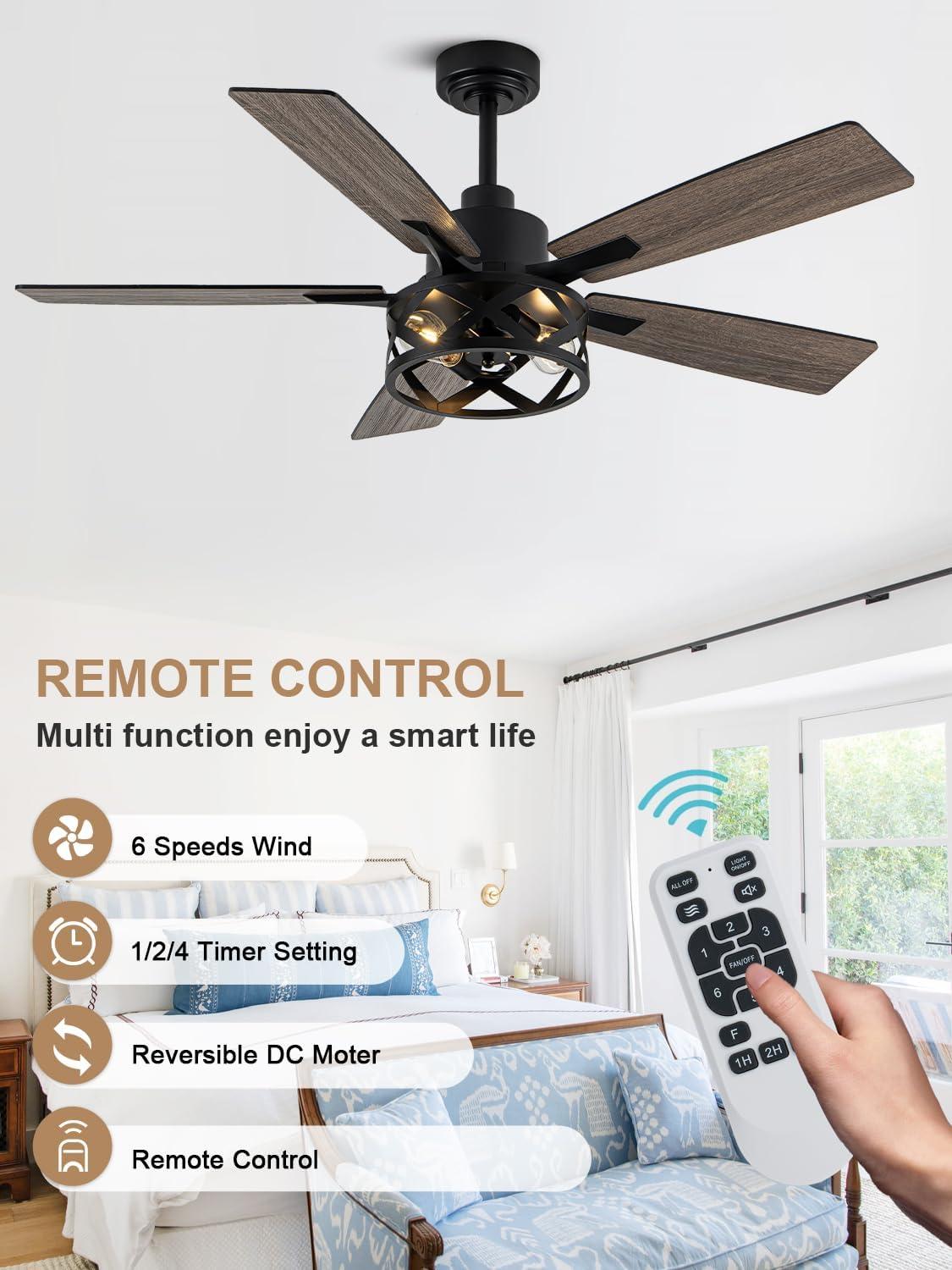 52 Inch Farmhouse Ceiling Fan with Lights Remote Enclosed Caged Fandelier Ceiling Fan Black Rustic Chandelier, 5 Dual Blades, Reversible Quiet DC Motor 6 Wind Speeds Timer for Bedroom Patio
