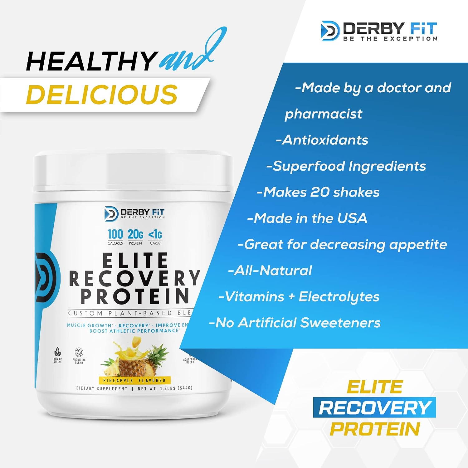 Derby Fit Elite Recovery Protein Clean, Naturally Flavored, Low Carb Recovery Protein Powder for Women & Men - Gluten Free, Non GMO, Dairy Free - Pineapple - 20 Servings (Pack of 1)