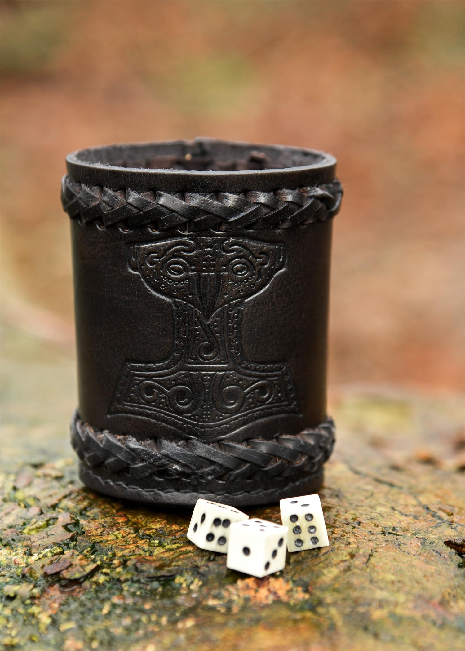 Ulfberth - Wysokiej jakości wikiński kubeczek do gry z motywem Mjölnir, prawdziwa skóra, średniowieczny kubek ze skóry, LARP, Reenactment (Czarny Młot Thora)