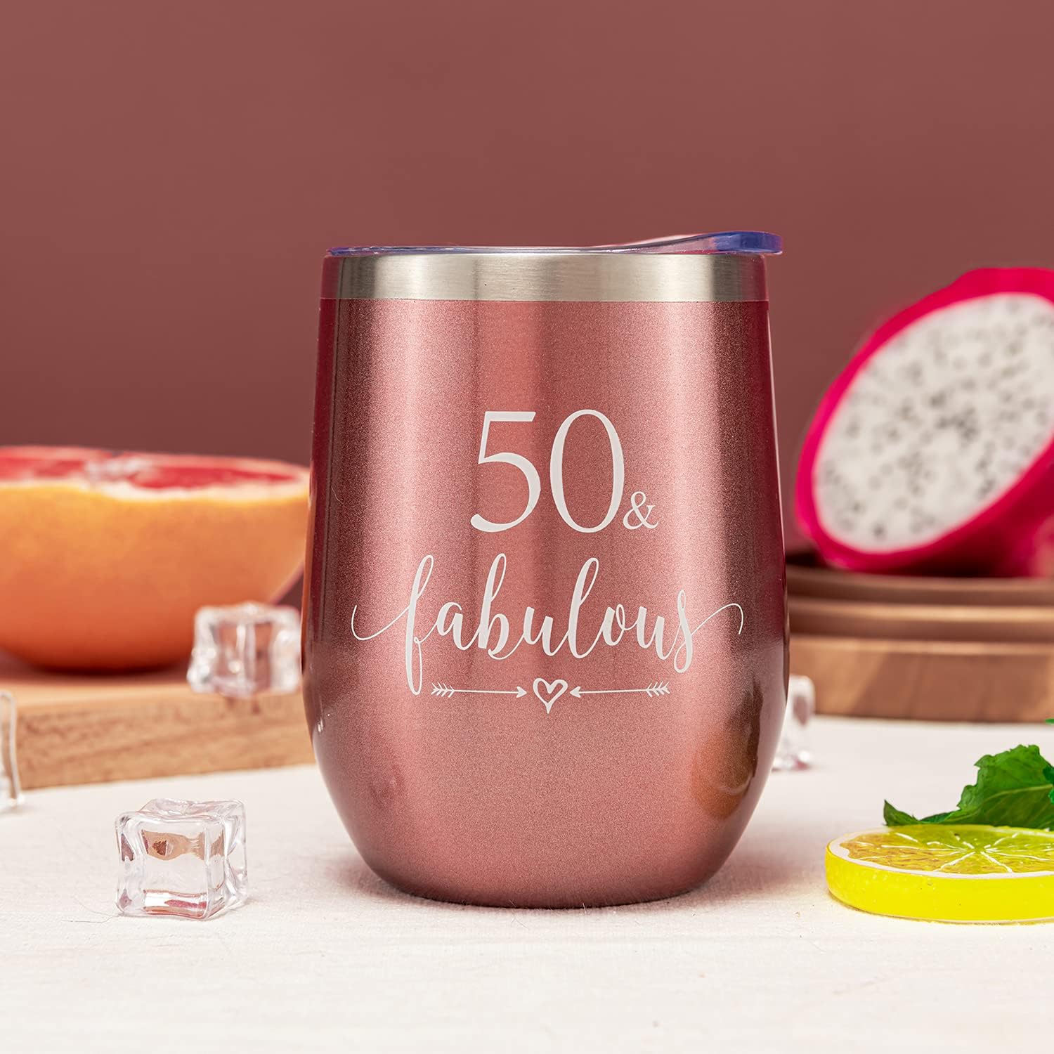 Crisky Rose Gold 50 & Fabulous Wine Tumbler for Women 50th Birthday Gifts for Women, Wife, Mom, Sister, Aunt, Friends, Coworker Her, Vacuum Insulated Coffee Cup,12oz with Box, Lid, Straw - Image 6