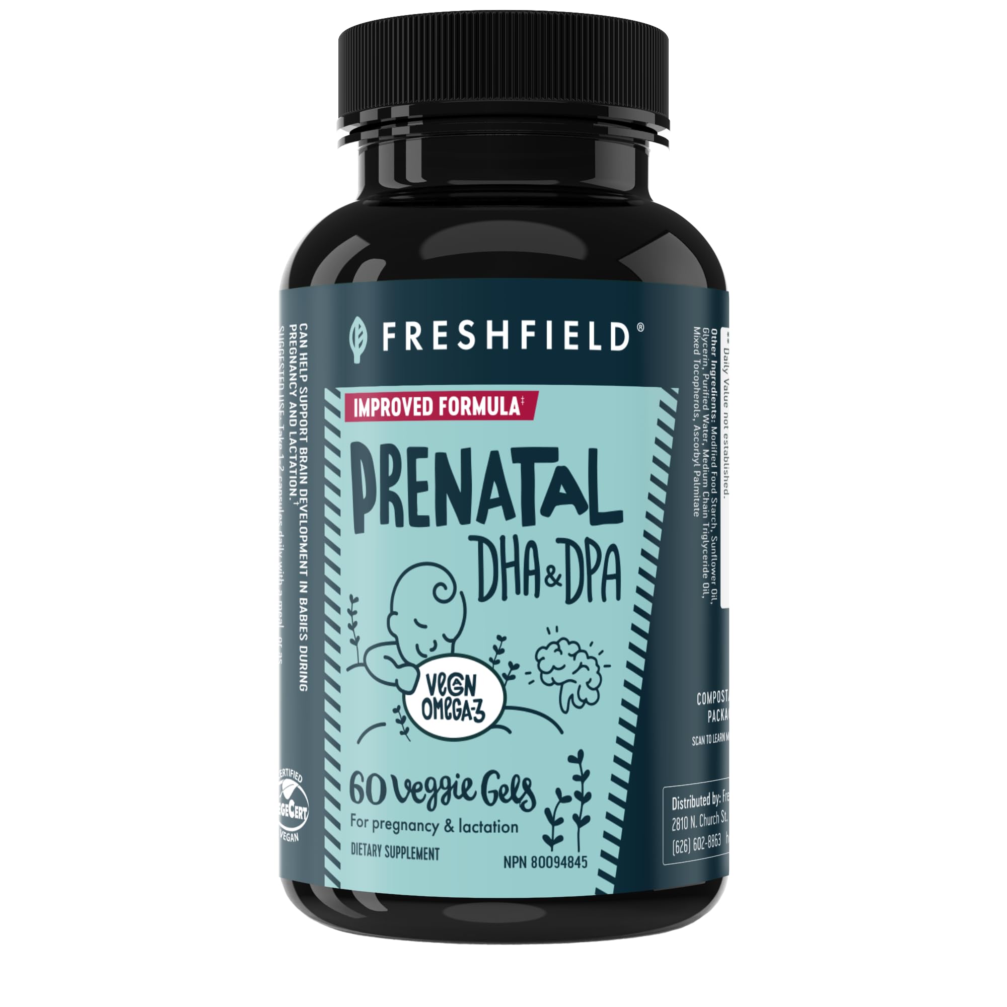 Prenatal Vegan Omega 3 DHA: Sustainable, Carrageenan Free, Third Party Tested, Compostable Bottle, Carbon Neutral. Supports Heart, Brain, Joint Health w/DPA