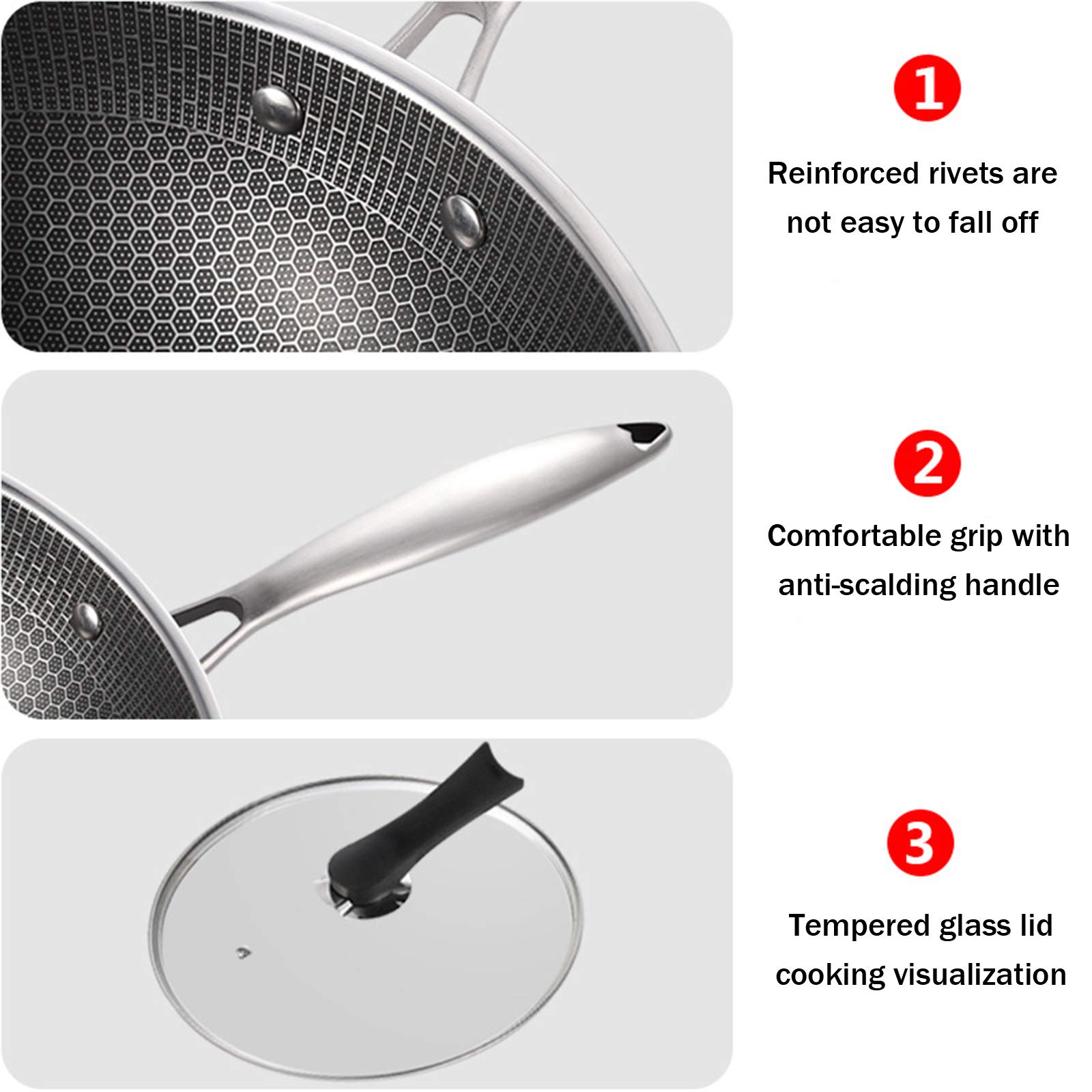 Wok Antiadherente de Acero Inoxidable con Forma de Panal y Tapa de Vidrio Vertical para Gas, Electricidad e inducción, Resistente a rayones, 32 cm