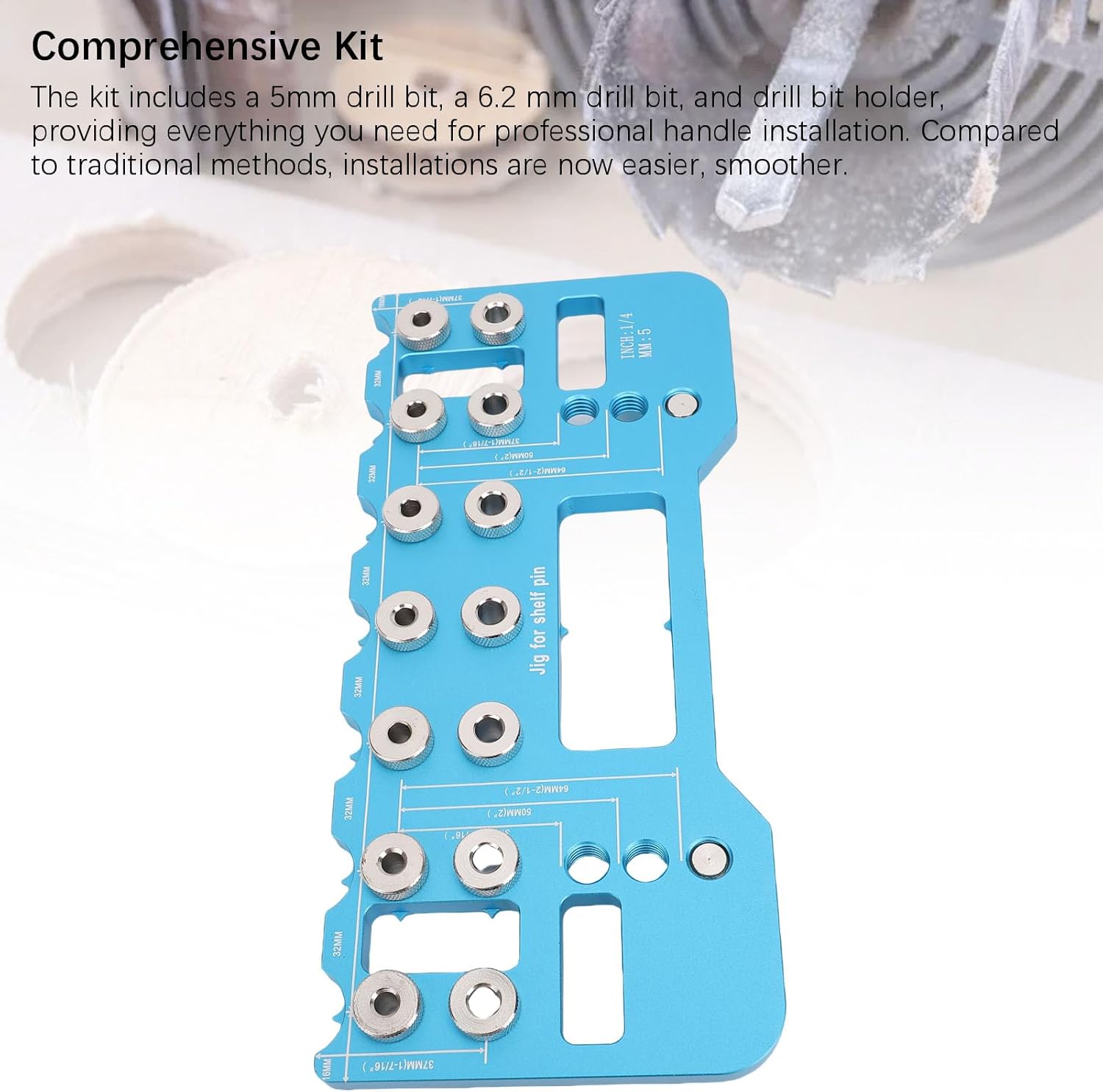 Eujgoov Shelf Pin Drilling Jig, Aluminum Alloy Adjustable Cabinet Handle Install Template with 5mm 6.2mm Drill Bits and Holder, for Woodworking Furniture Door Handle Drilling