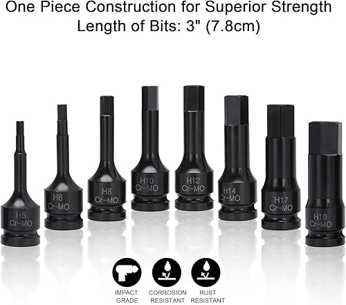 Vista 11 de Juego de 8 puntas de vaso Torx Star de impacto de 1/2 pulgada, 8 piezas T30 T40 T45 T50 T55 T60 T70 T80 Cr-Mo 3 pulgadas extra larga impacto de aire