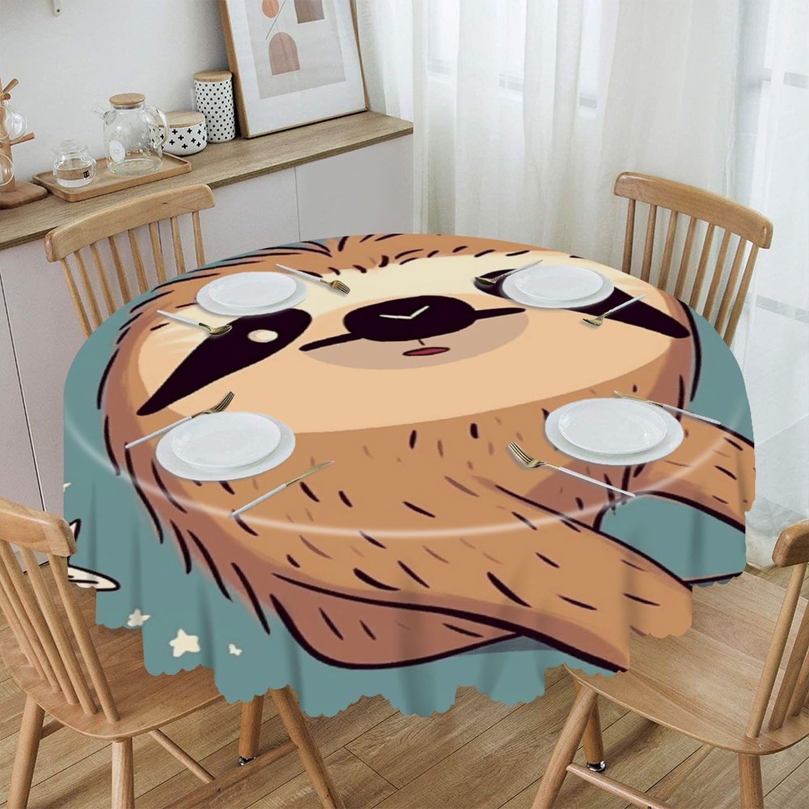 VstaDank Funny Sloth Stars Round Tablecloth Wipeable Round Polyester Tablecloth Waterproof Wrinkle Free Indoor and Outdoor Table Cover 60 Inch Decorative Farmhouse Table Cloth for Dining