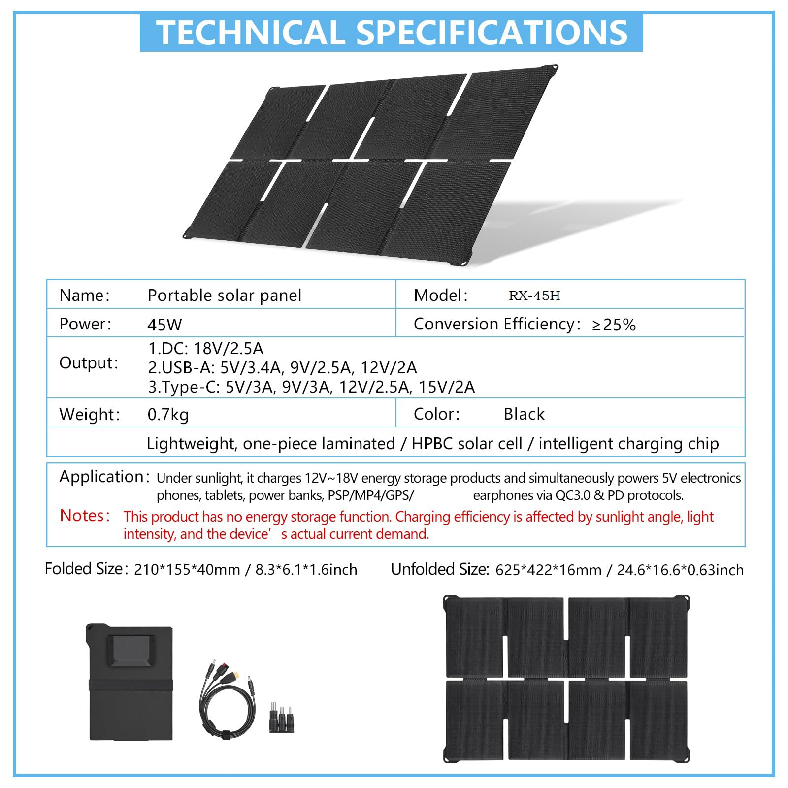 Sottile 45 W pieghevole di ricarica solare con uscita DC18V Tipo C 5V 12V 18V per il campeggio all'aperto USB Tipo C Pannello solare