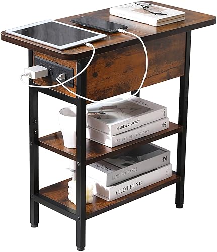 Mesa auxiliar moderna con estación de carga, mesa auxiliar estrecha con puertos USB y tomas, mesita de noche abatible con estante de almacenamiento,