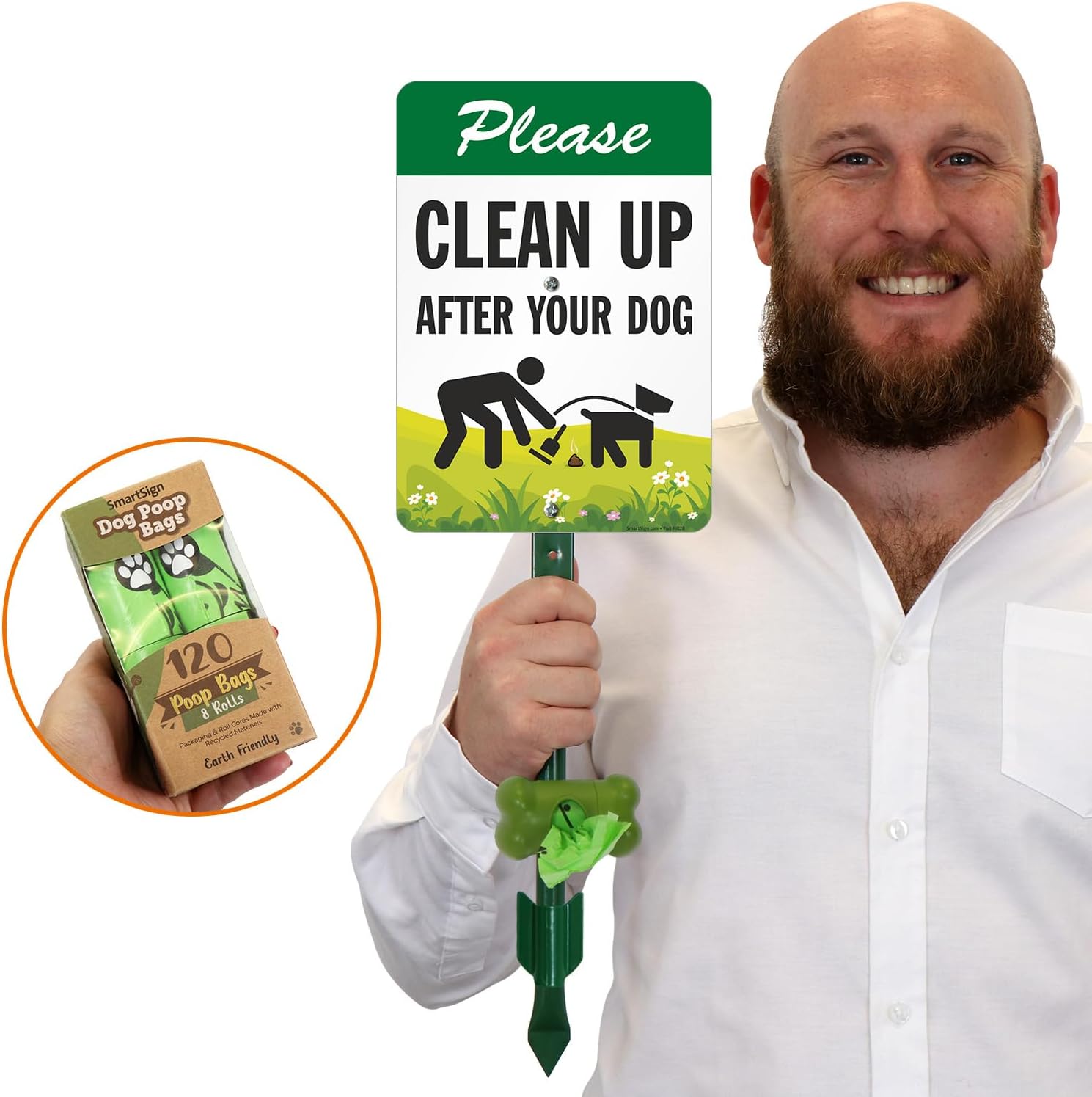 SmartSign Please Clean Up After Your Dog Yard Sign & Clip-On Preloaded Dispenser Combo/Kit with 135 Dog Poop Waste Bags, 7"x10" Rust-proof Aluminum Sign with 18-inch Steel Stake