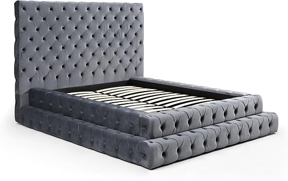 Better Home Products Eleonora Velvet King Bed - Luxurious Upholstered Design with Deep Button Tufting in Gray (Gray, King)