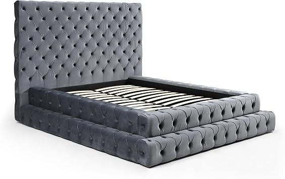 Better Home Products Eleonora Velvet King Bed - Luxurious Upholstered Design with Deep Button Tufting in Gray (Gray, King)