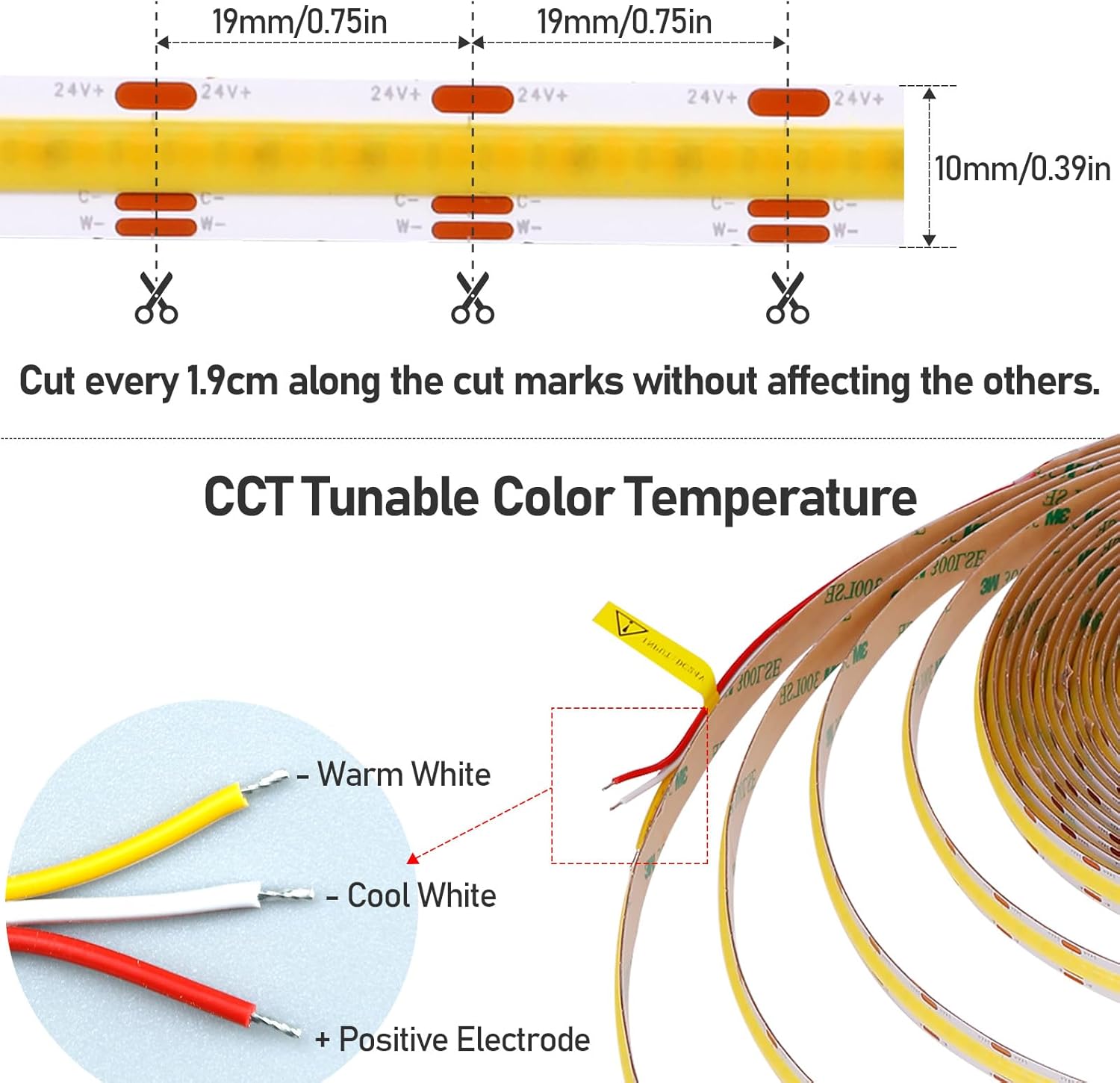 GOMING 24V 10M(32.8ft) CCT COB LED Strip 2700K-6500K Tunable White 624LED/M CRI 93+ Flexible IP20 Not Waterproof LED Tape Lights for Bedroom Home Decor(Controller and Power Supply Not Included)